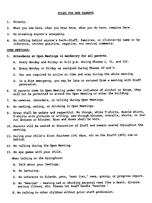 Typed page headed "Rules for New Parents" listing thirteen rules covering honesty, confidentiality, open meeting attendance, dress, seating, and no eye games with your child.