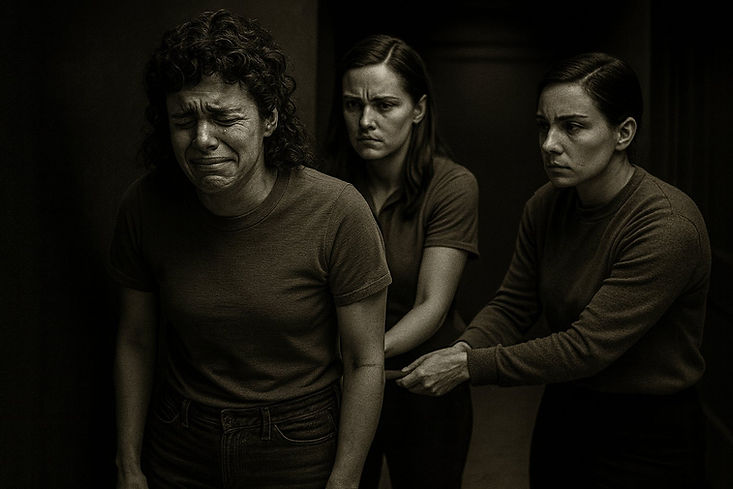 A crying young client led through a corridor by two older clients, a hand held at her waist