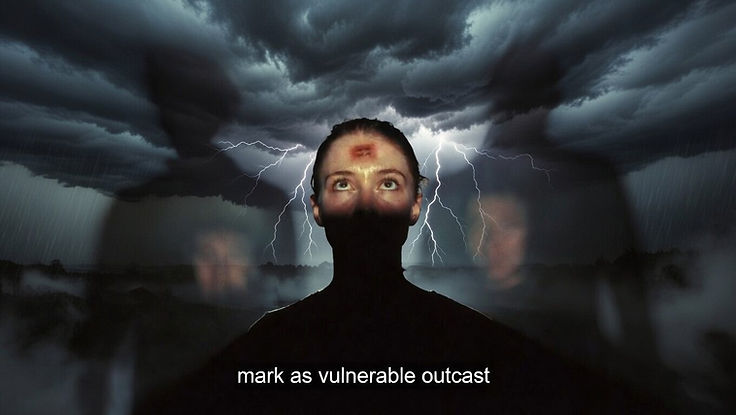 A backlit head and shoulders under lightning with a mark on the forehead and ghost figures either side