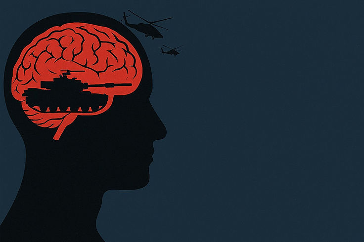 A silhouetted head in profile with a red brain holding the silhouette of a tank, two helicopters above