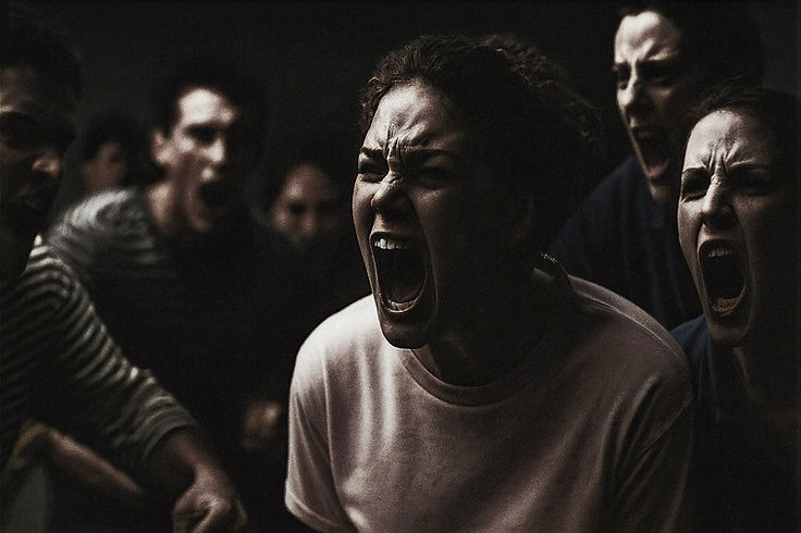 A woman seen from the chest up, mouth wide open in a scream, others shouting either side of her in deep shadow