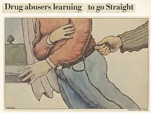 Newspaper illustration credited to Martin Rhodes showing a hand reaching into a young person’s jeans pocket, under the headline "Drug abusers learning to go Straight".