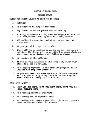 Typed page of client rules from Second Chance, Inc., covering honesty, seating, newcomers talking to newcomers, medication, smoking, lateness, and confidentiality.