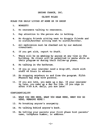 Typed page of client rules from Second Chance, Inc., covering honesty, seating, newcomers talking to newcomers, medication, smoking, lateness, and confidentiality.