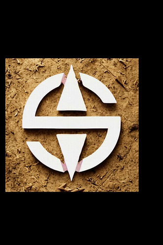 The Synanon S mark in white over cracked earth.