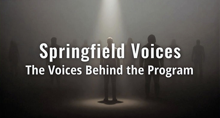 Springfield Voices — the Voices Behind the Program: silhouettes standing in a fogged room under a single spotlight.