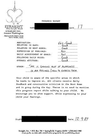 Typed Straight, Inc. progress report for day seventeen, with ratings for motivation, raps, host home, expression of feelings and daily goals; the names are blacked out.