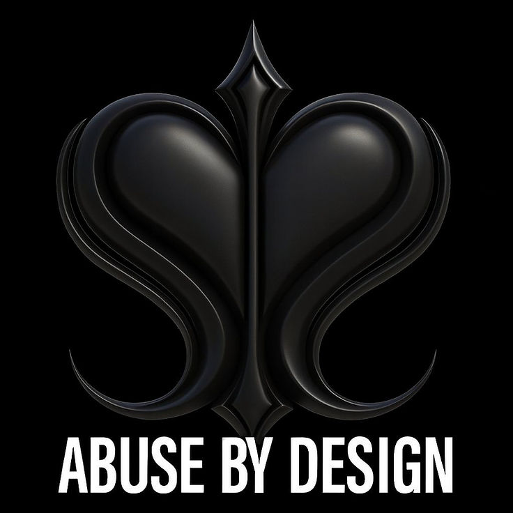 A matte black emblem on a black field, above the words Abuse by Design