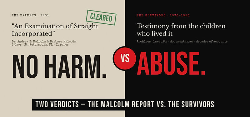 Two Verdicts — the Malcolm report of 1981 set against the survivors’ record: the report’s paper on one side, black and red on the other.