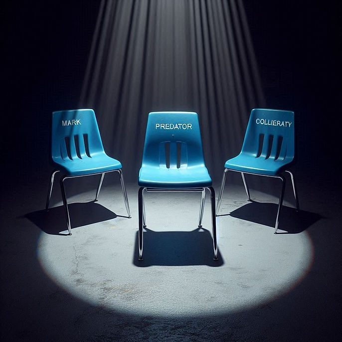Three blue chairs under a single spotlight on a concrete floor, each backrest labelled with a role