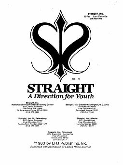 The 1983 Straight, Inc. brochure cover: the split-heart logo above A Direction for Youth, and the addresses of the national and branch offices