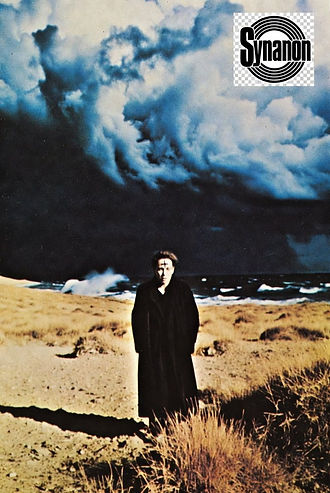 A person in a long black coat standing on a shore under a storm sky, the Synanon mark in the corner of the frame.