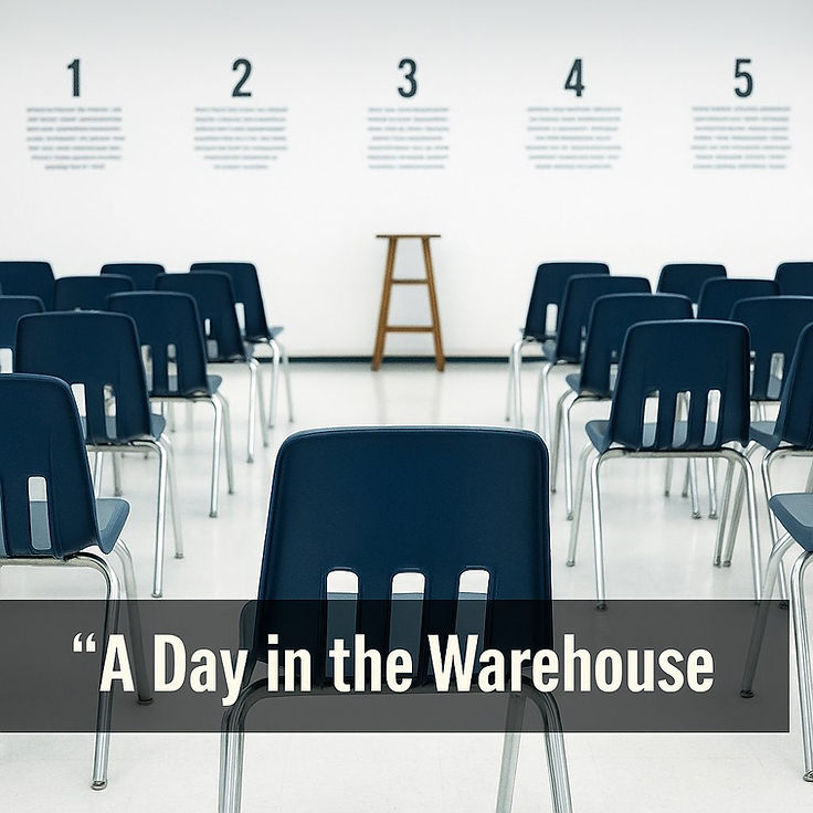 Rows of navy chairs facing a single wooden stool in the warehouse, the numbered program rules posted on the wall behind