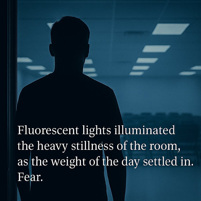 A silhouette in a doorway under the grid of fluorescent lights, carrying the line: Fluorescent lights illuminated the heavy stillness of the room, as the weight of the day settled in. Fear.