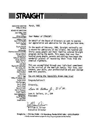 Typed March 1985 letter from the Straight, Inc. board of directors announcing 130 new client admissions in February and thanking staff for it.