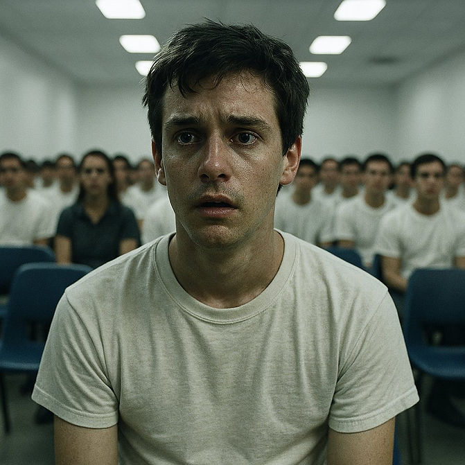 A young man sitting stunned in the middle of a full room of seated participants