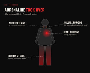 The body answering before the mind: the neck tight, the jugulars pounding, the heart thudding, the blood dropped into the legs