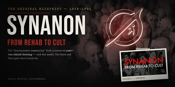 Synanon: From Rehab to Cult. The Synanon logo over a crowd of members with shaved heads.
