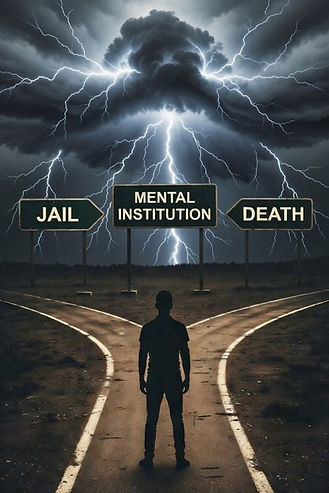 A lone figure at a fork in a road beneath storm lightning, facing three green signs: Jail, Mental Institution, Death