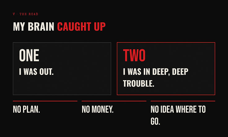 One: I was out. Two: I was in deep, deep trouble. No plan. No money. No idea where to go.