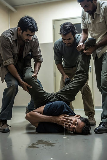 Four men pinning a man face-down on an institutional floor, his legs held up and his arms behind his back