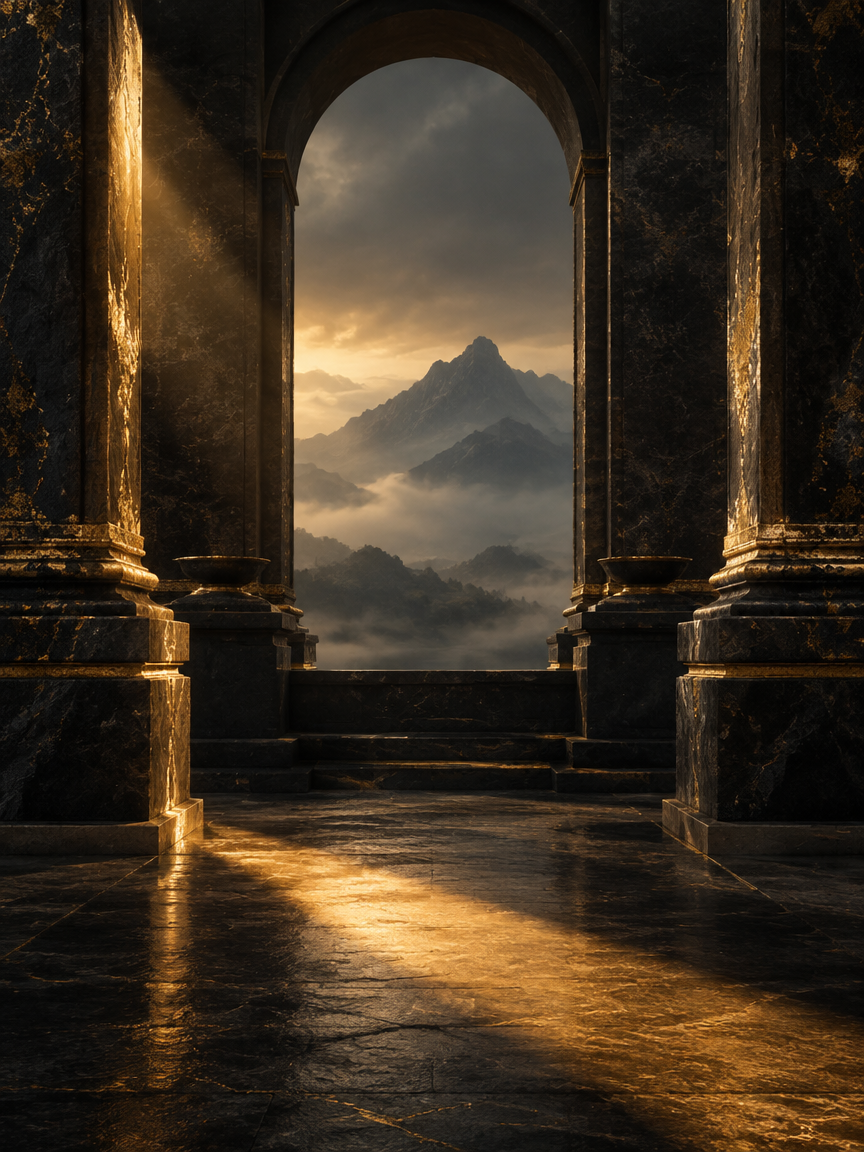 A ray of golden light falling across dark stone architecture