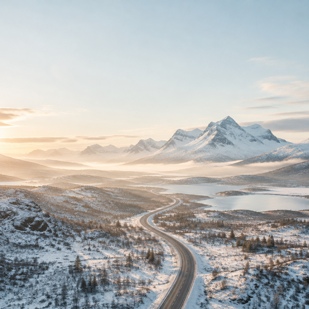 Väg som slingrar sig genom svenska Lapplands vildmark mot snötäckta fjäll