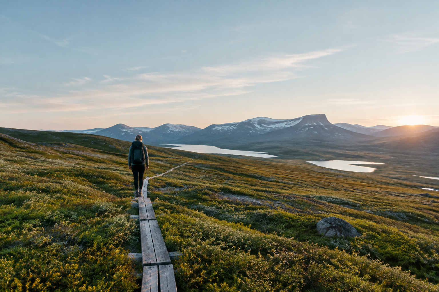 Vandrare på plankstig genom lappländsk tundra i midnattsol