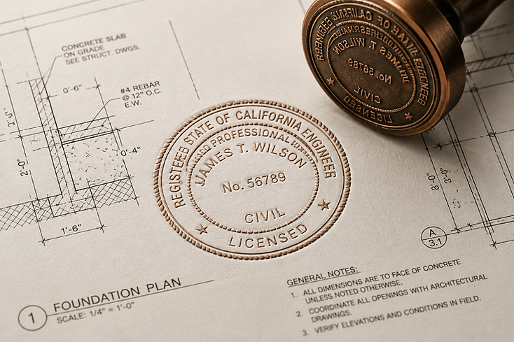 Professional engineer stamp being applied to an architectural drawing