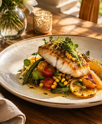 Seasonal citrus and seafood plated in a sophisticated Orlando-style dining room; AI-generated editorial illustration