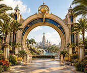 Imaginative theme park portal architecture; AI-generated editorial illustration
