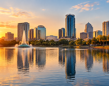 Orlando skyline and Lake Eola fountain at sunrise; editorial AI-generated illustration