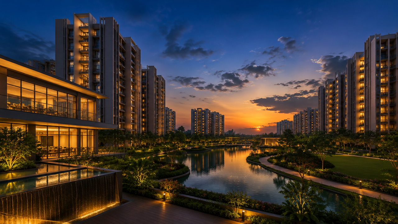 Premium residential township development at dusk