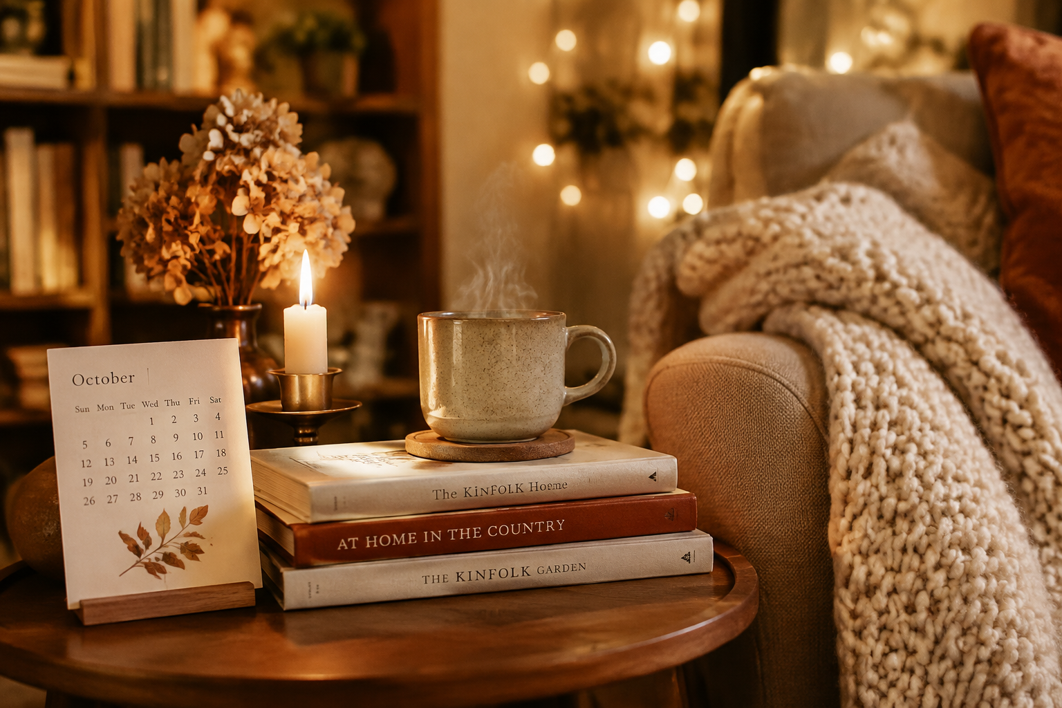 Cozy hygge reading nook with a small October calendar card, knit blanket, candle and stack of books