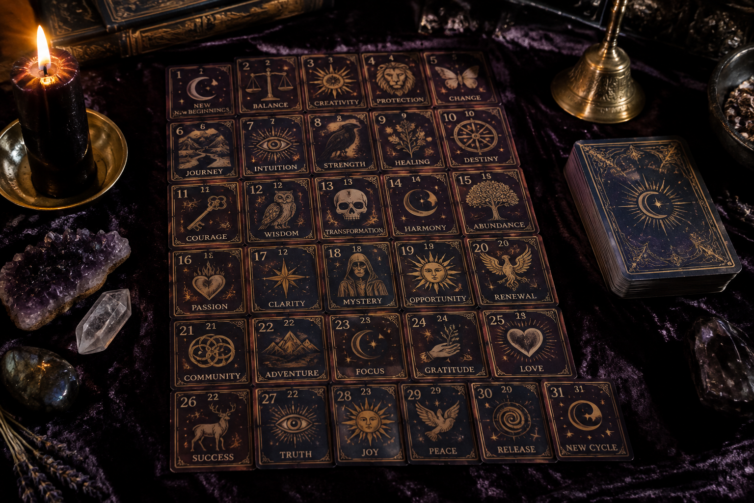 Tarot card inspired October calendar spread on dark velvet with gold ink symbols, crystals and a black candle