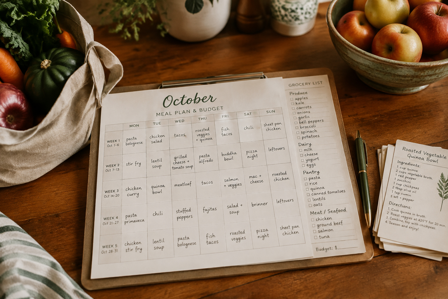 October meal plan and budget calendar on a kitchen counter with a grocery list and a bowl of apples