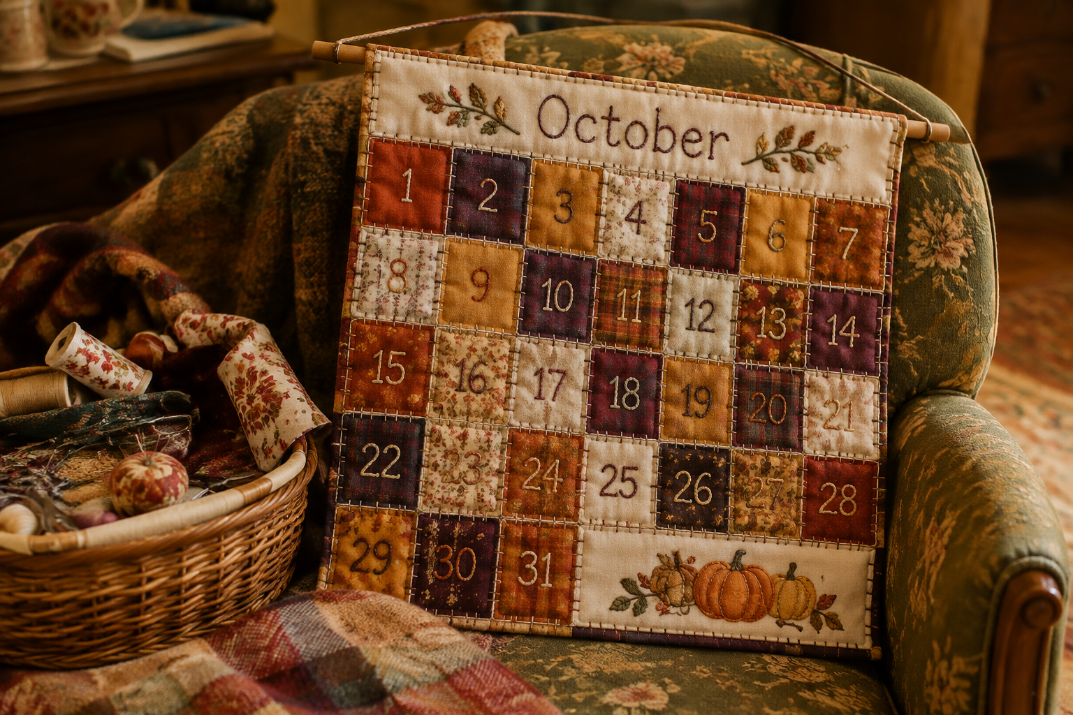 Handmade patchwork quilt fabric October calendar with thirty one plaid squares hanging over a vintage armchair