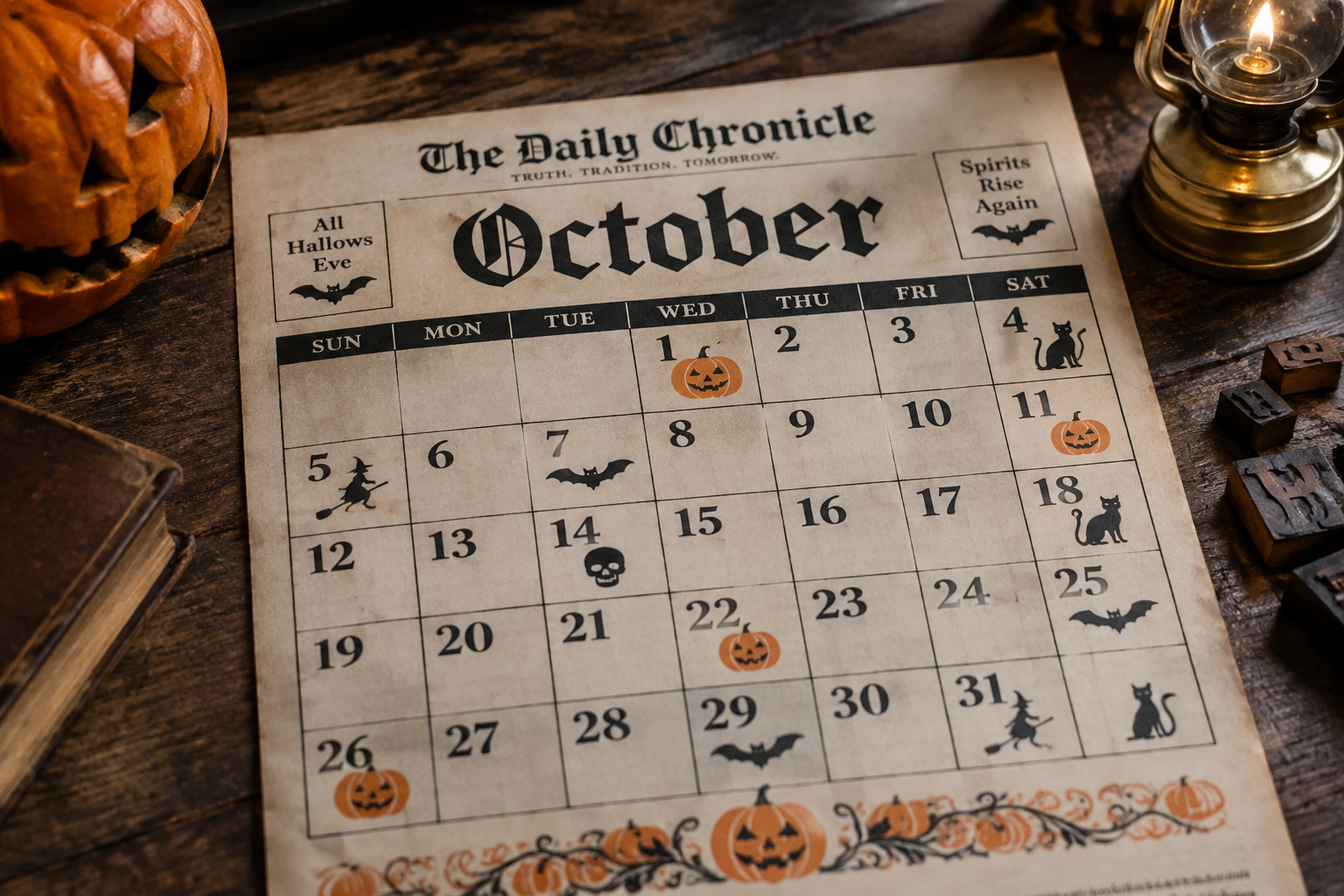 Vintage newspaper style Halloween October calendar with blackletter headings and halftone numbers on newsprint