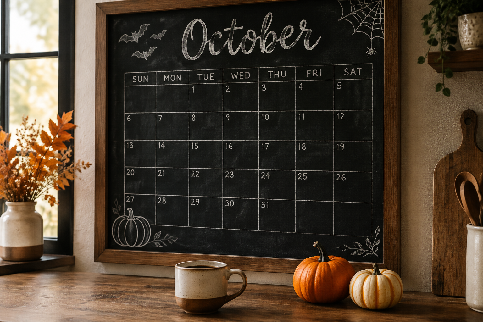 October calendar ideas: chalkboard Halloween calendar with white chalk lettering and a hand drawn grid of 31 days in a rustic kitchen