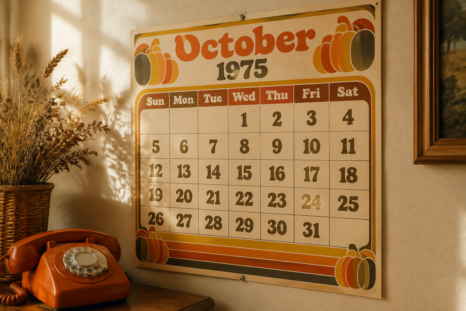 Retro 1970s October calendar print with mustard and rust stripes and groovy rounded typography