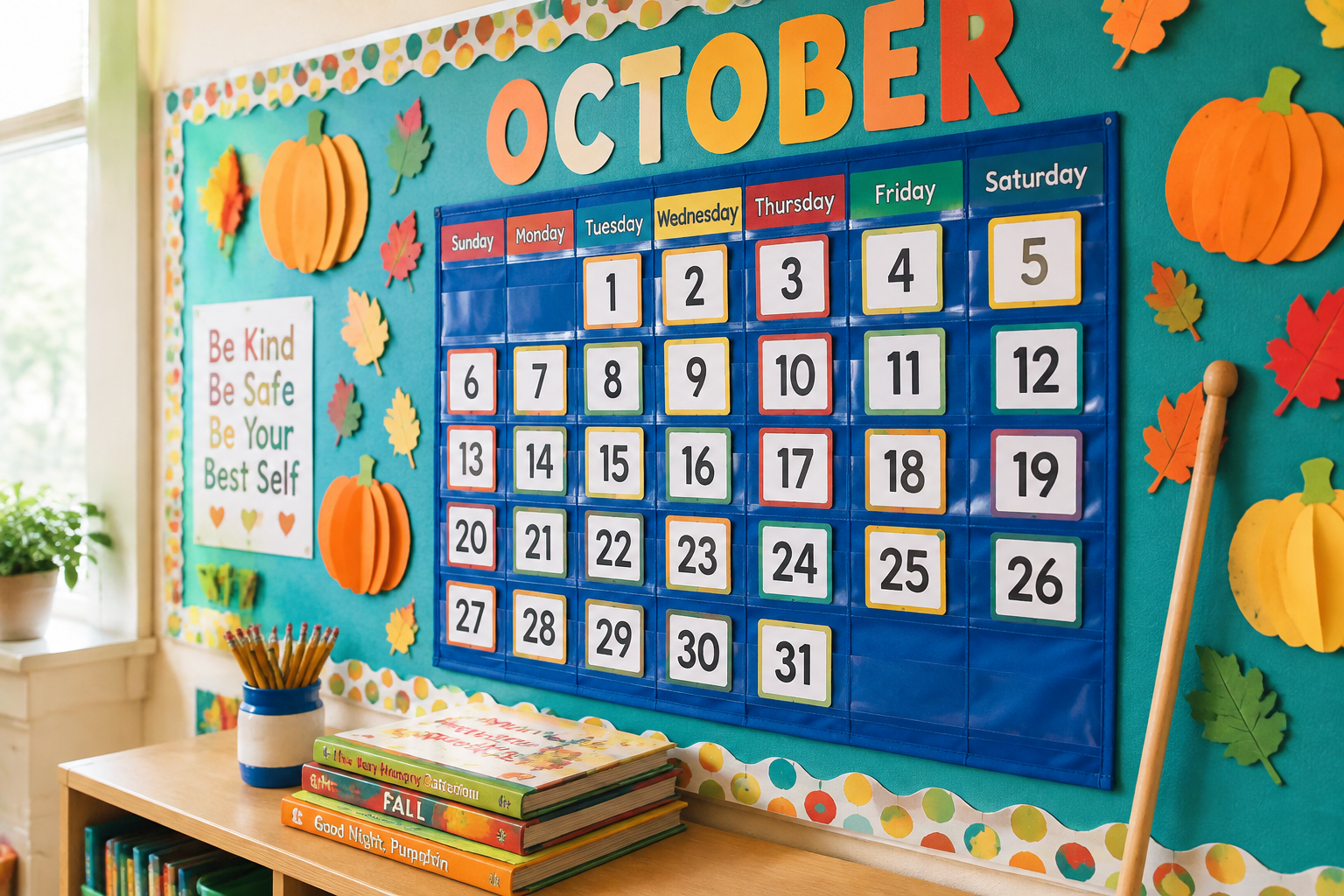Colourful October calendar bulletin board in an elementary classroom with a pocket chart grid of 31 days