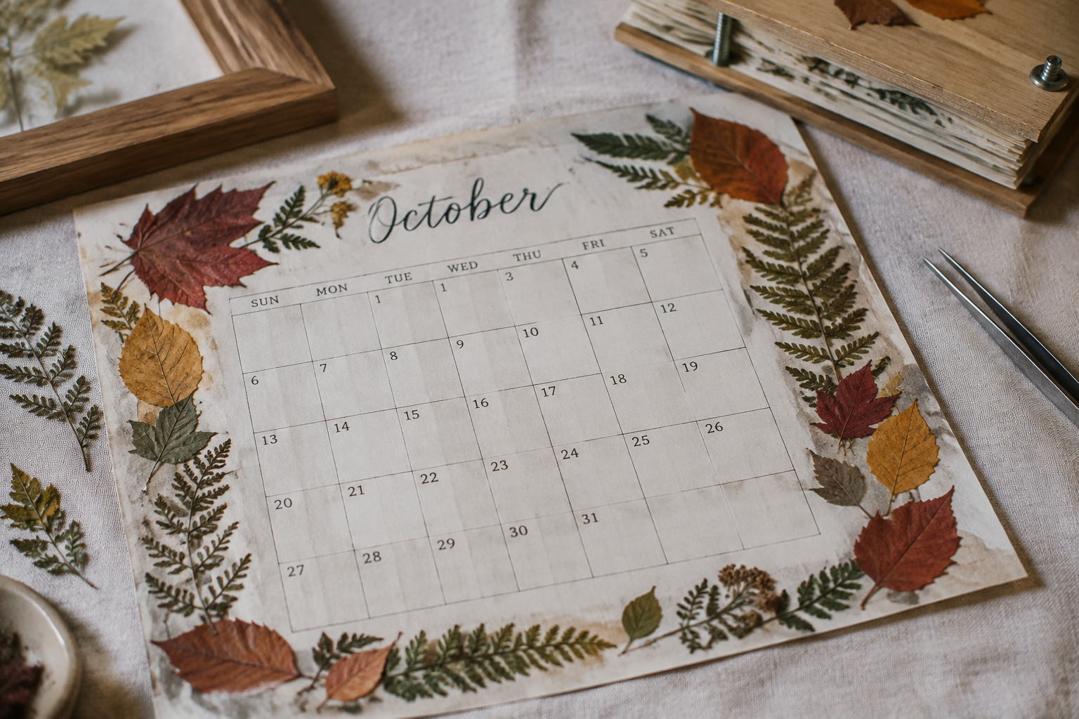 October calendar bordered with real pressed autumn leaves and dried fern fronds on linen