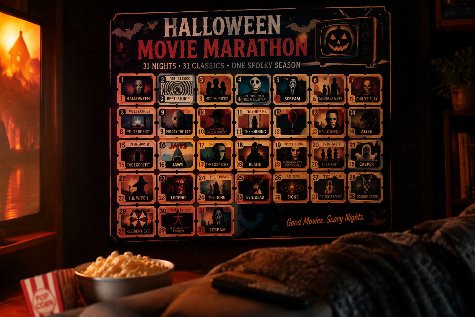 Halloween movie marathon calendar poster with thirty one film nights, popcorn and a soft blanket