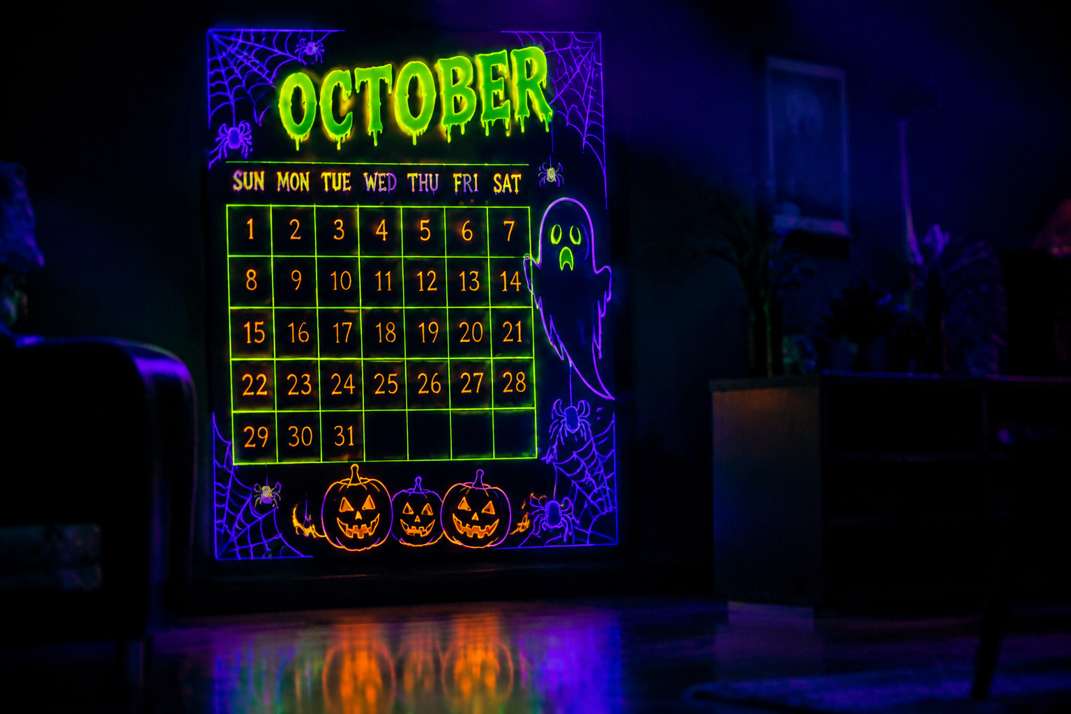 Glow in the dark neon Halloween October calendar poster with lime and violet outlines on a black wall
