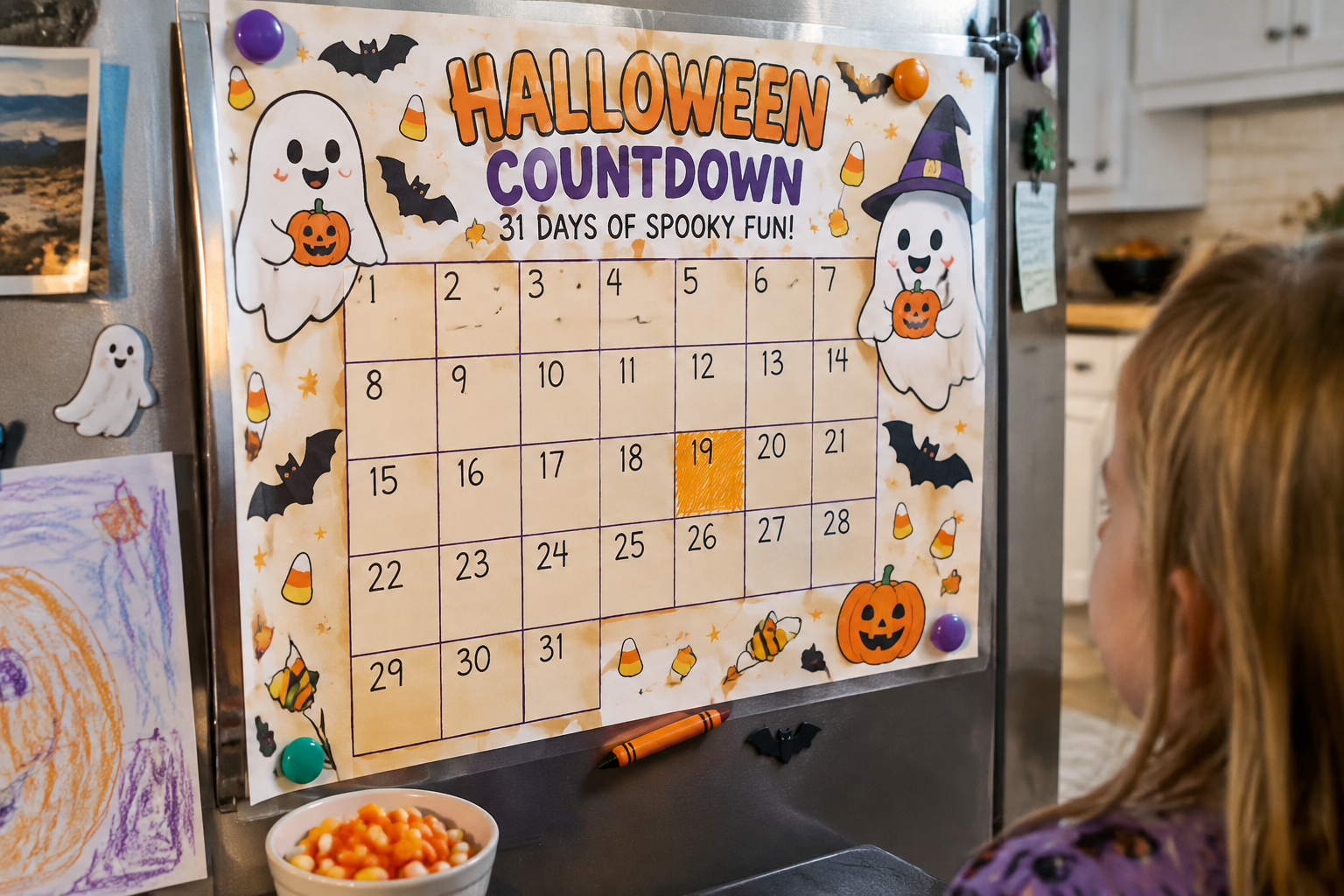 Kids printable Halloween countdown calendar on a fridge with cartoon ghosts, bats and a bowl of candy corn