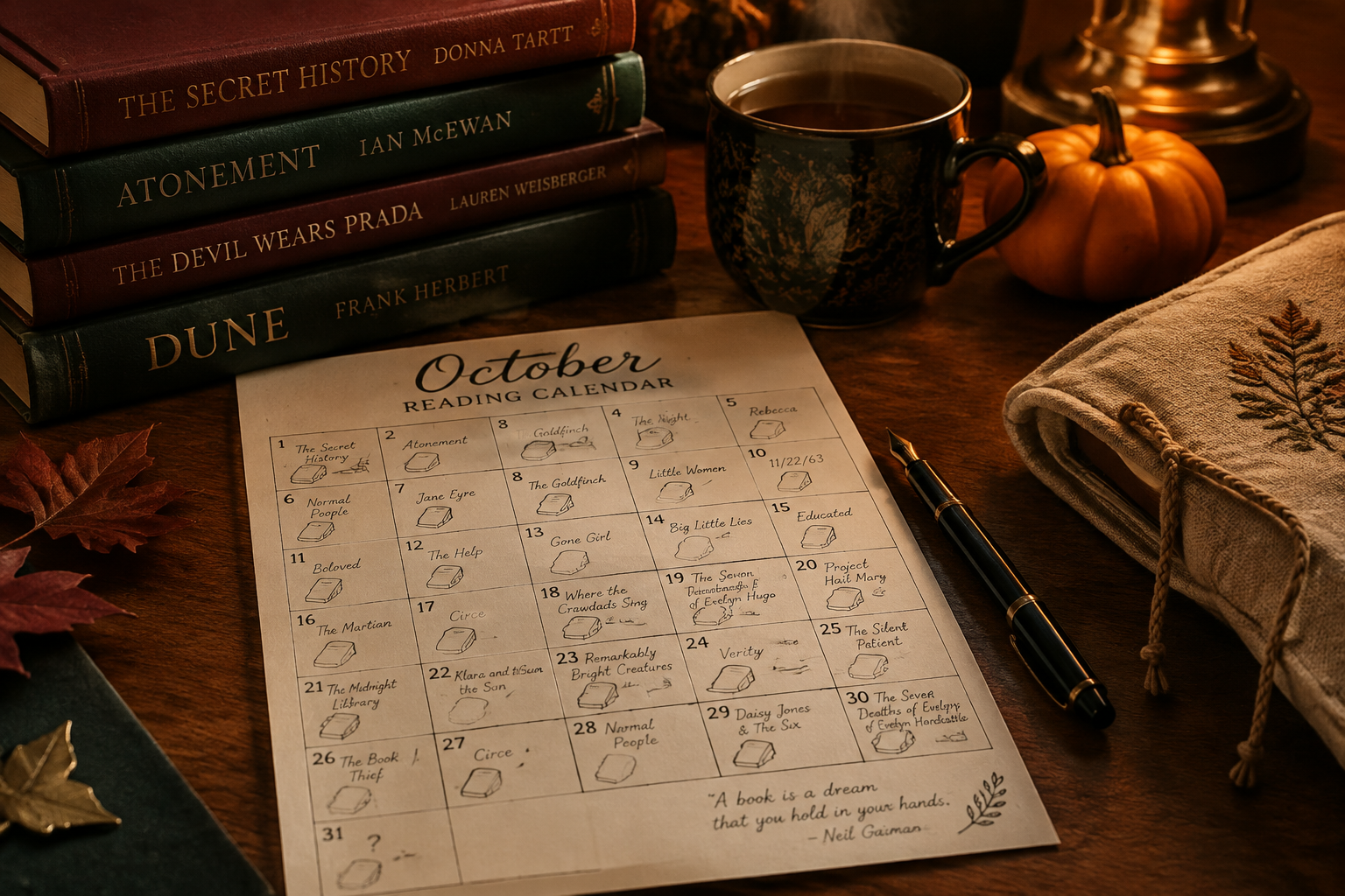 Bookish October reading calendar beside a stack of novels with a tracking grid and a fountain pen