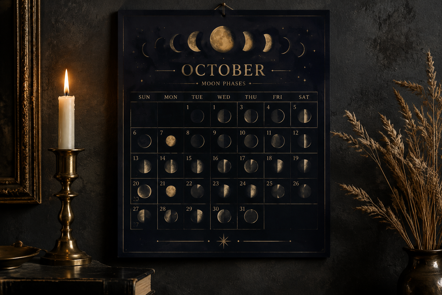 Moon phases October wall calendar in midnight blue with gold foil moon symbols on a dark textured wall