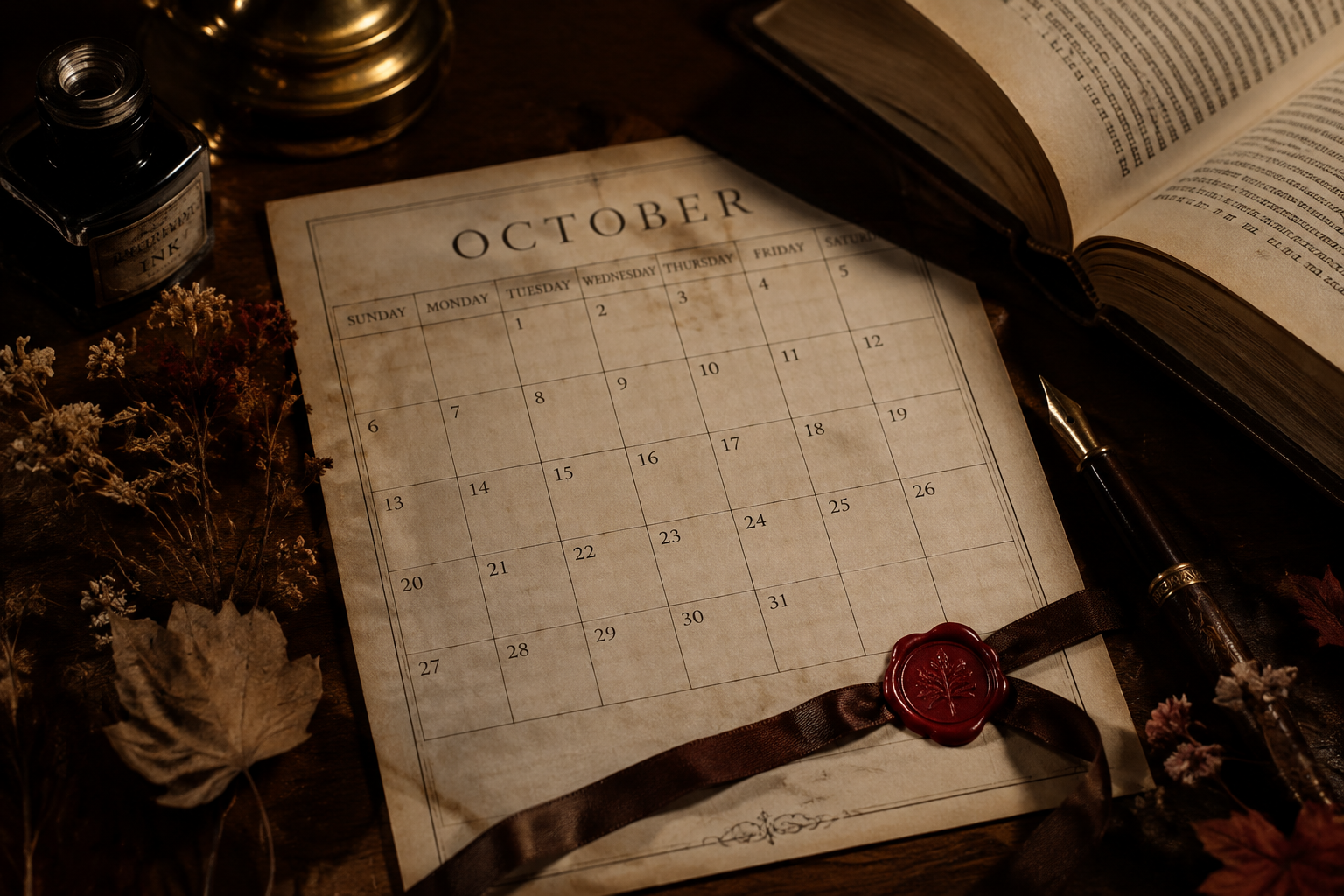 Dark academia October calendar on aged parchment with a red wax seal beside an antique book and brass pen