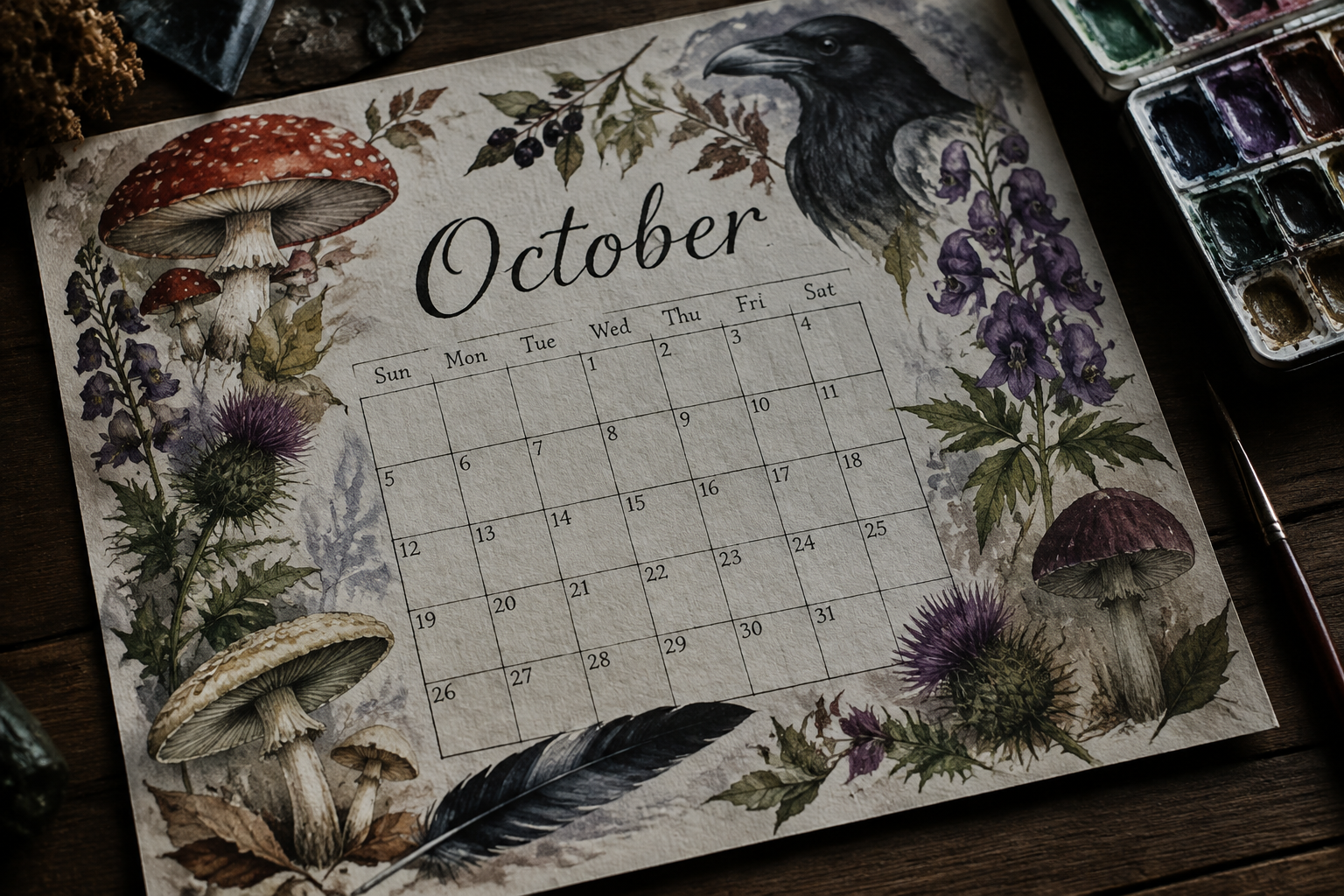 Spooky botanical watercolour October calendar with mushrooms, thistles and a raven feather around an ink grid