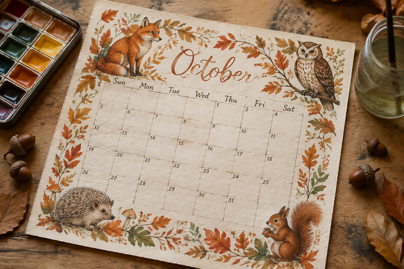Watercolour woodland creatures October calendar with a fox, hedgehog, owl and squirrel among autumn leaves